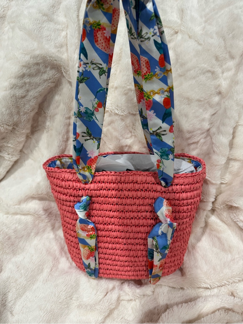 Kurt Geiger Small Raffia Woven Tote Pink/ Coral with Floral Scarf Handles - Picture 4 of 6